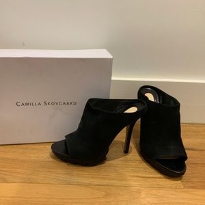 Camilla Skovgaard Open Toe Black Suede Bootie Heel
